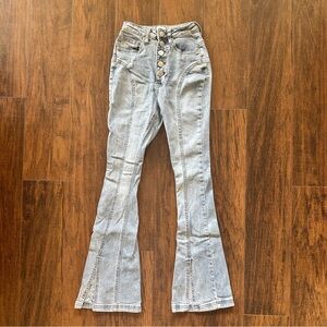 Oh Polly petite split flare jeans in medium blue wash